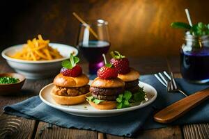 une assiette avec des hamburgers et des fraises sur il. généré par ai photo