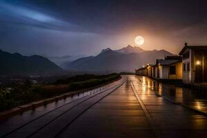 une plein lune brille plus de une route dans le montagnes. généré par ai photo