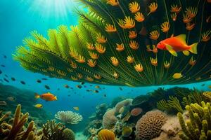 une tropical récif avec poisson et coraux. généré par ai photo