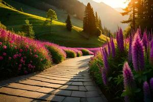 une chemin par une champ de violet fleurs et montagnes. généré par ai photo