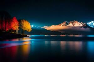 une Lac et montagnes à nuit avec coloré des arbres. généré par ai photo