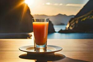 une verre de Orange jus sur une table dans de face de une Montagne. généré par ai photo