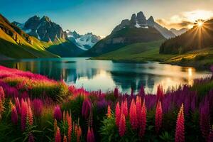 le Soleil brille plus de une Lac et violet fleurs dans le montagnes. généré par ai photo