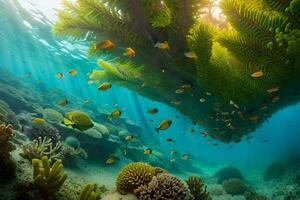 une corail récif avec poisson nager dans le l'eau. généré par ai photo