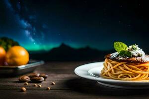 spaghetti avec Viande et des légumes sur une plaque. généré par ai photo