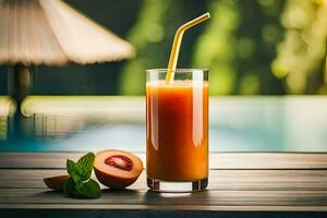 une verre de Orange jus avec une paille suivant à une bassin. généré par ai photo