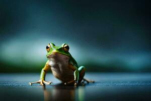 une grenouille séance sur une table avec une foncé Contexte. généré par ai photo