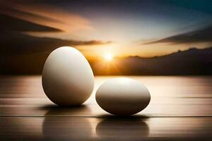 deux des œufs sur une table avec le Soleil dans le Contexte. généré par ai photo
