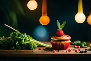 une petit gâteau avec baies et des légumes sur une tableau. généré par ai photo