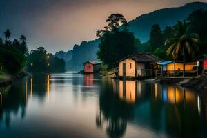 une rivière dans le soir avec Maisons sur le rive. généré par ai photo