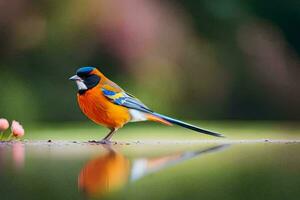 une coloré oiseau permanent sur le l'eau avec fleurs. généré par ai photo