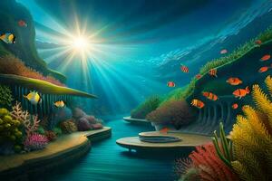 sous-marin scène avec une rivière et poisson. généré par ai photo