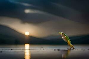 une grenouille permanent sur ses de derrière jambes sur le rive de une lac. généré par ai photo