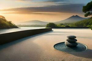 une Zen jardin avec des pierres et l'eau à le coucher du soleil. généré par ai photo