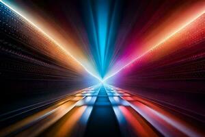 une coloré lumière faisceau est brillant par le foncé tunnel. généré par ai photo