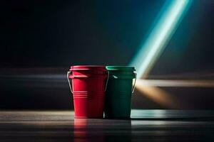 deux rouge et vert Plastique tasses sur une tableau. généré par ai photo