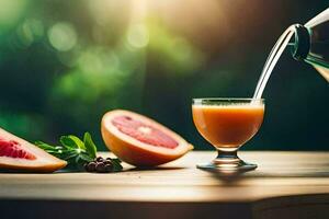 une lanceur verser Orange jus dans une verre. généré par ai photo