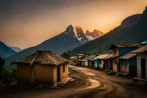 une village dans le montagnes à le coucher du soleil. généré par ai photo