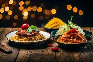 deux assiettes avec spaghetti et Boulettes de viande sur une en bois tableau. généré par ai photo