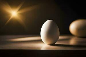 un Oeuf est séance sur une table avec une lumière brillant sur il. généré par ai photo