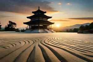 une pagode est assis dans le le sable à le coucher du soleil. généré par ai photo