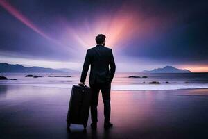 une homme dans une costume permanent sur le plage avec une valise. généré par ai photo