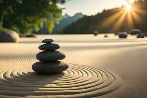 Zen rochers dans le sable. généré par ai photo