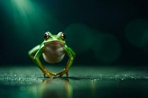 une grenouille est permanent sur le sol avec une vert lumière. généré par ai photo