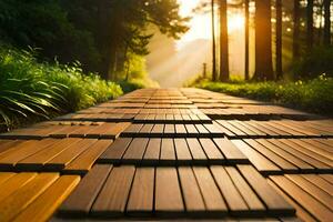 une en bois chemin dans le les bois avec le Soleil brillant. généré par ai photo