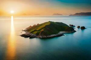 un île dans le milieu de le océan avec le Soleil paramètre. généré par ai photo