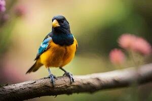 une coloré oiseau est assis sur une branche dans le forêt. généré par ai photo