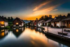 le le coucher du soleil plus de une rivière dans une village. généré par ai photo