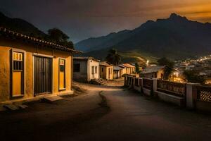 une village à le coucher du soleil avec montagnes dans le Contexte. généré par ai photo