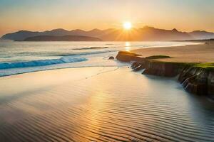 le Soleil monte plus de le océan et montagnes. généré par ai photo