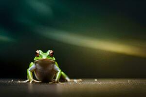 une grenouille séance sur une foncé surface avec une floue Contexte. généré par ai photo