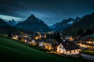 une ville dans le montagnes à nuit. généré par ai photo