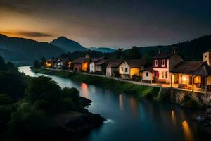 photo fond d'écran le ciel, rivière, montagnes, Maisons, le nuit, le rivière, le village. généré par ai