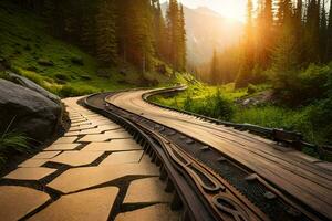 une en bois Piste dans le montagnes avec le Soleil paramètre. généré par ai photo