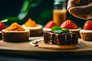 une la personne est plongement une dessert dans une sauce. généré par ai photo