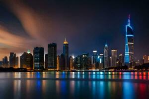 le ville horizon à nuit dans Dubai. généré par ai photo