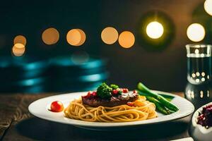une assiette de spaghetti avec Viande et des légumes sur une en bois tableau. généré par ai photo