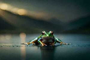 une grenouille séance sur le sol dans de face de une lac. généré par ai photo