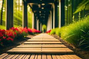 une en bois passerelle pistes à une jardin avec fleurs. généré par ai photo