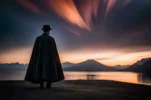 une homme dans une manteau des stands dans de face de une Lac à le coucher du soleil. généré par ai photo