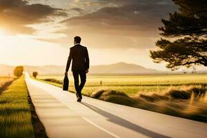 une homme dans une costume des promenades vers le bas une route à le coucher du soleil. généré par ai photo