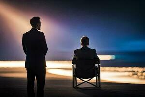deux Hommes dans costume séance sur chaises à nuit. généré par ai photo