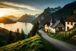 le Soleil monte plus de le montagnes et Lac dans cette photo. généré par ai photo