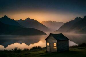 une petit cabine est assis sur le bord de une Lac à le coucher du soleil. généré par ai photo