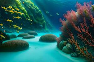 une scène de un sous-marin scène avec corail récifs et poisson. généré par ai photo