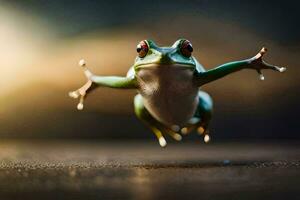 une grenouille sauter dans le air. généré par ai photo